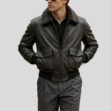 Men's Shadow sheepskin Leather Aviator Bomber Jacket - Black