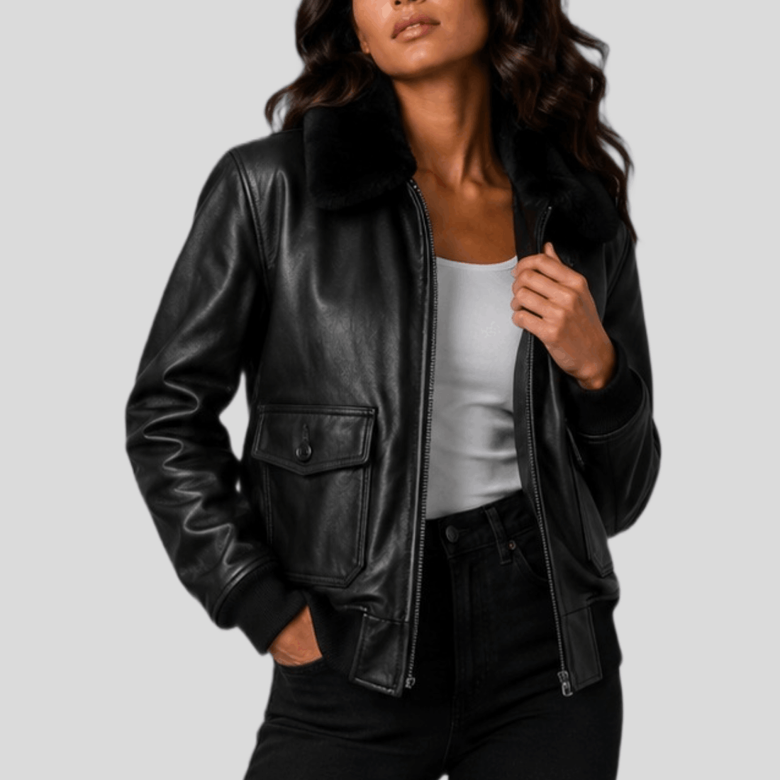 Women's Vintage Black Sheepskin Leather Bomber Jacket with Fur Collar - Black