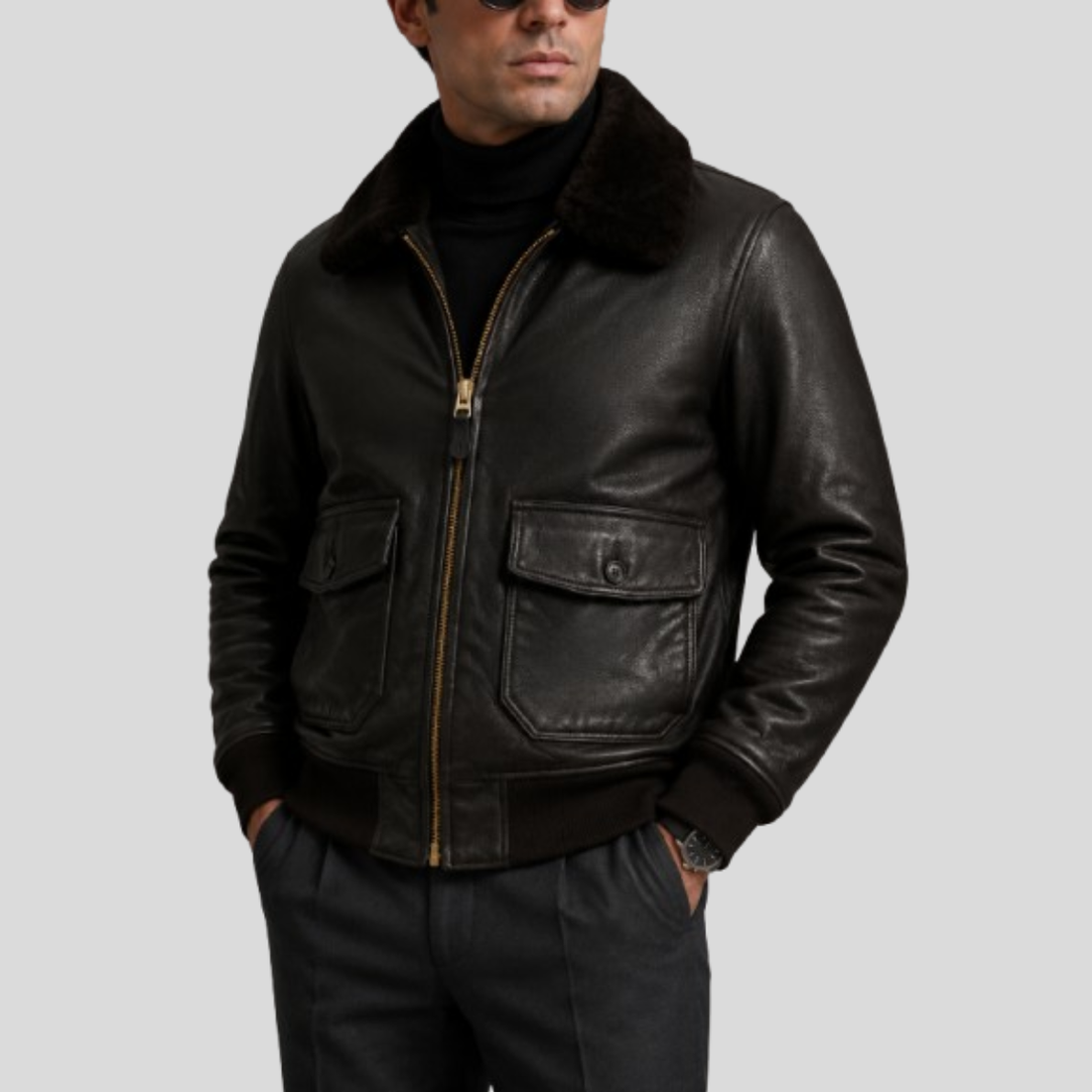 Men's Classic Sheepskin Leather Flight Bomber Jacket with Fur Collar - Brown
