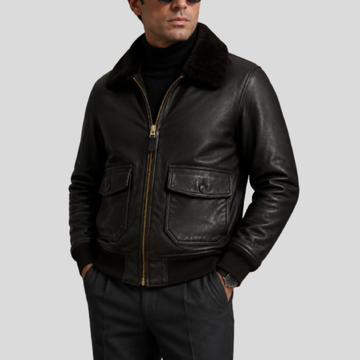 Men's Classic G-1 Sheepskin Leather Flight Bomber Jacket with Fur Collar