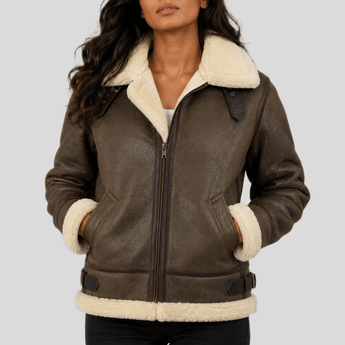 Women's Shearling Leather Bomber Jacket with Removable Fur Hood - Brown