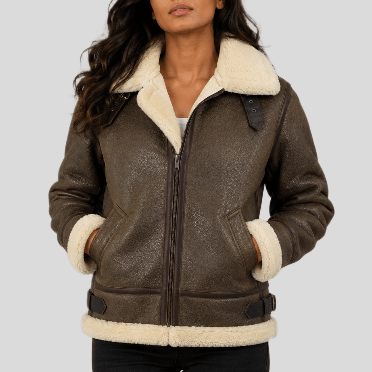 Women's Shearling Leather Bomber Jacket with Removable Fur Hood