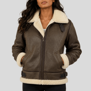 Women's Shearling Leather Bomber Jacket with Removable Fur Hood