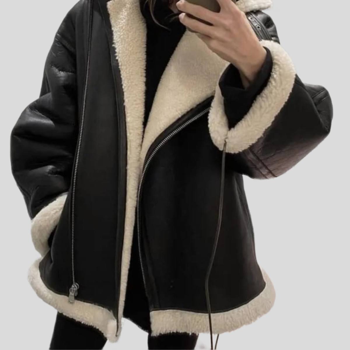 Women's Vintage B-3 Black Faux Shearling Aviator Bomber Jacket - Black