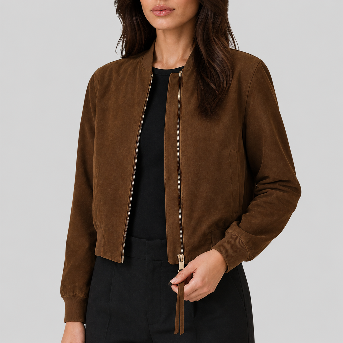 Women's Brown Suede Classic Bomber Jacket - Brown