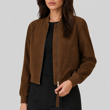 Women's Brown Suede Classic Bomber Jacket - Brown
