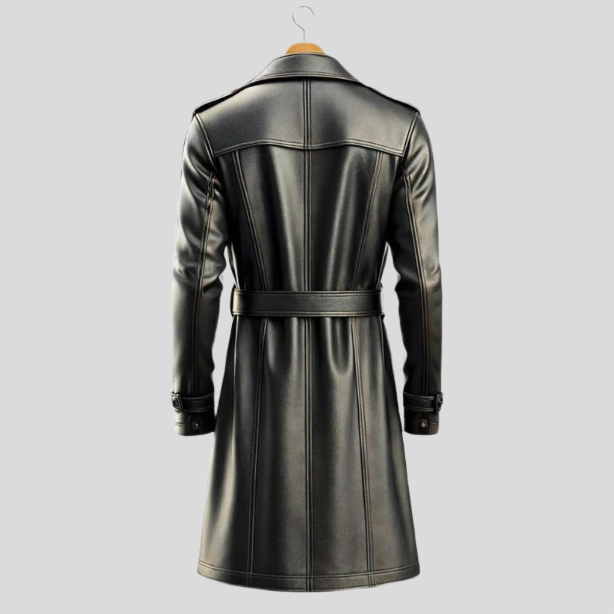 Men's Black Cowhide Leather Trench Overcoat