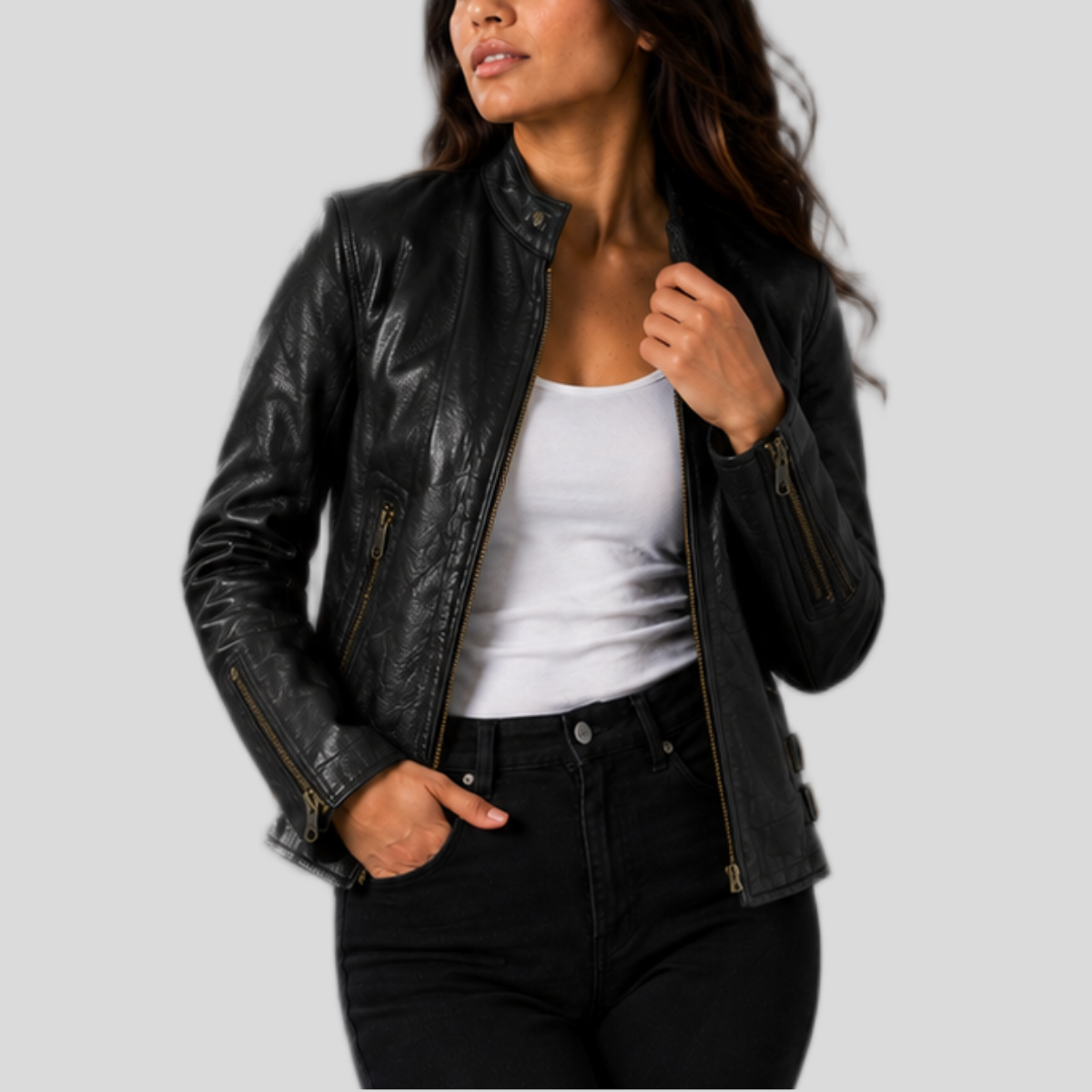 Women's Slim Fit Leather Racer Motorcycle Jacket