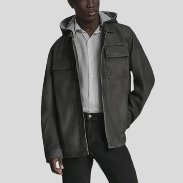 Men's Vintage Leather Shirt Jacket with Removable Hood - Charcoal