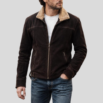 Men's Brown Sheepskin Suede Bomber Jacket with Sherpa Collar - Brown