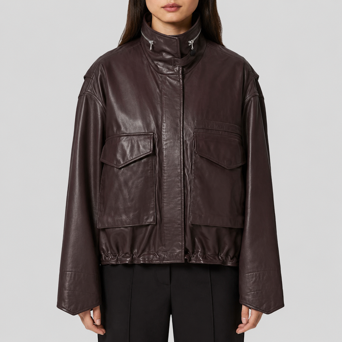 Women's Cropped Oversized Sheepskin Leather Funnel Neck Jacket - Brown