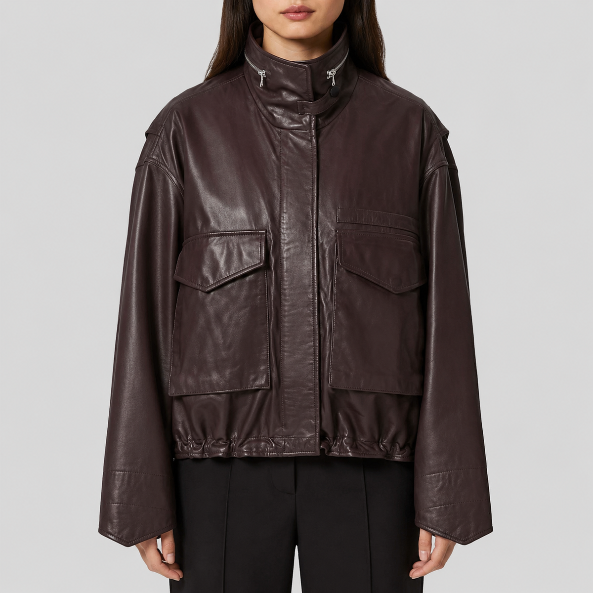 Women's Cropped Oversized Sheepskin Leather Funnel Neck Jacket