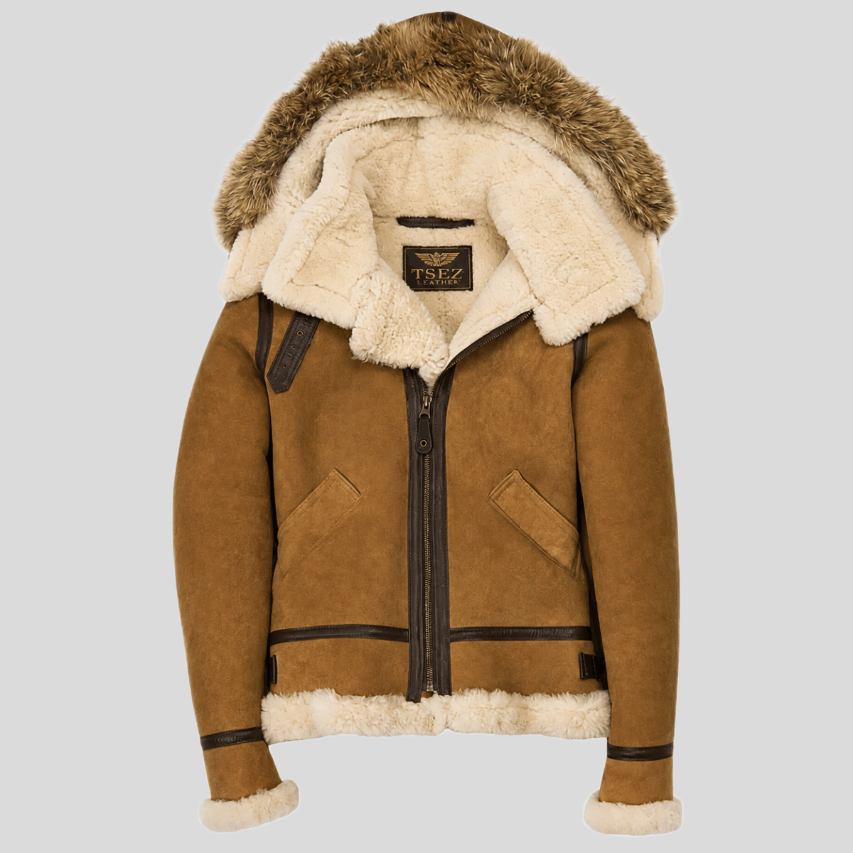 Women's Shearling Leather Bomber Jacket with Fur Hood