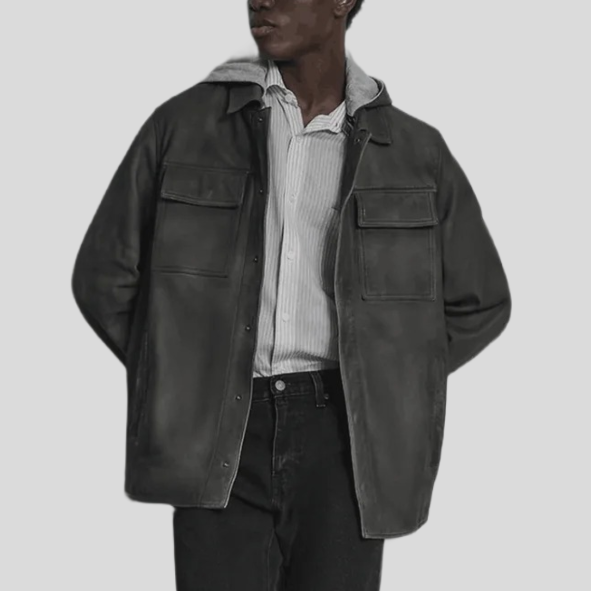 Men's Vintage Leather Shirt Jacket with Removable Hood