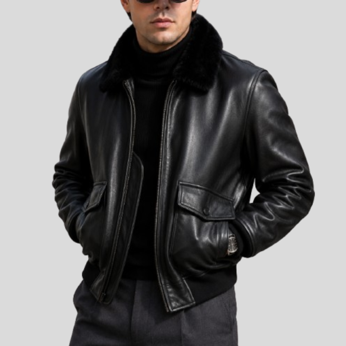 Men's Classic Sheepskin Leather Flight Bomber Jacket with Fur Collar - Black