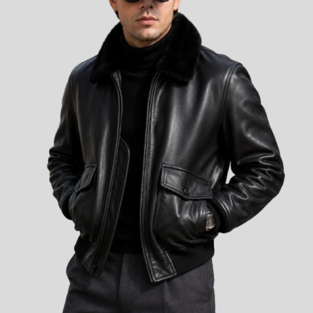 Men's Classic G-1  sheepskin Leather Flight Bomber Jacket with Fur Collar