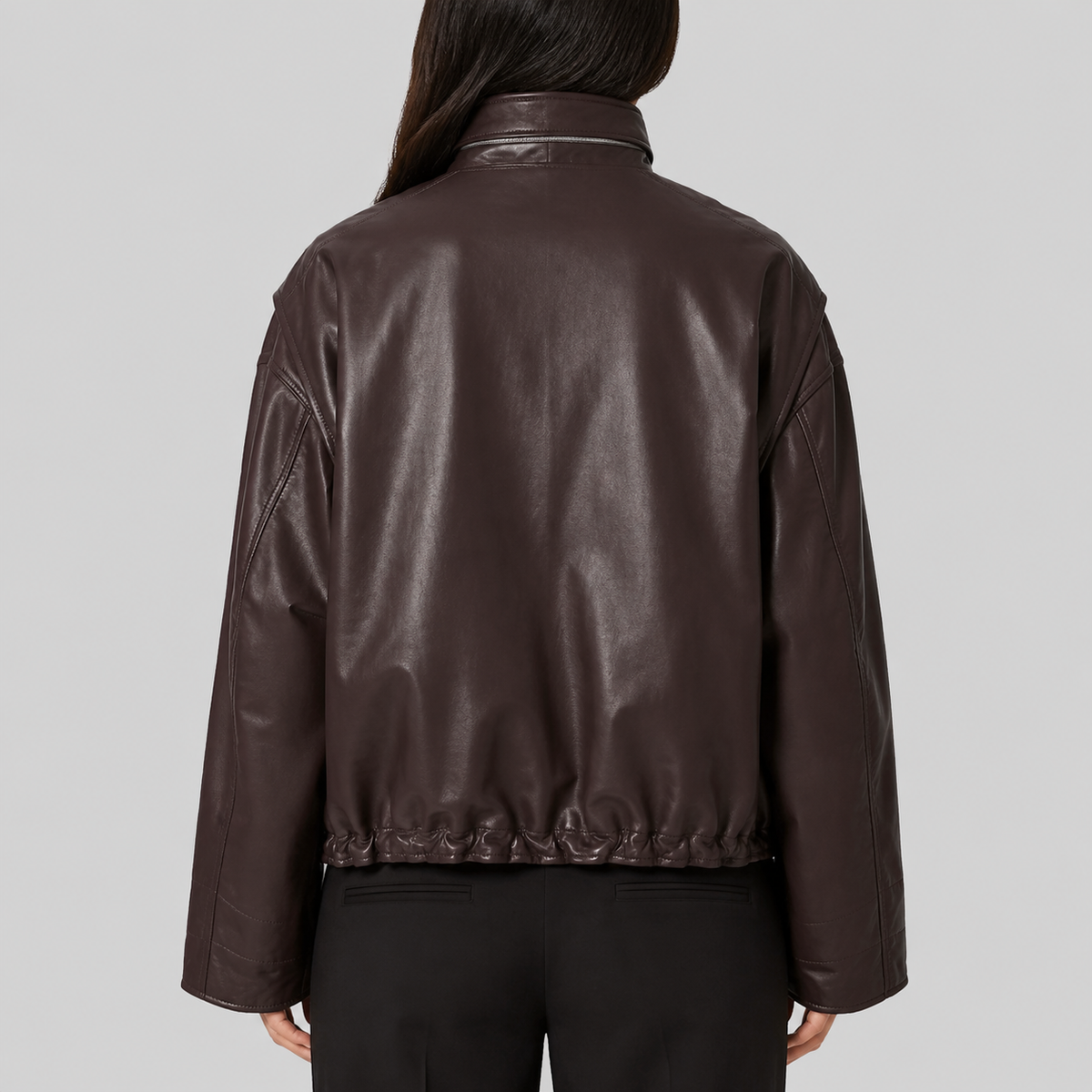 Women's Cropped Oversized Sheepskin Leather Funnel Neck Jacket