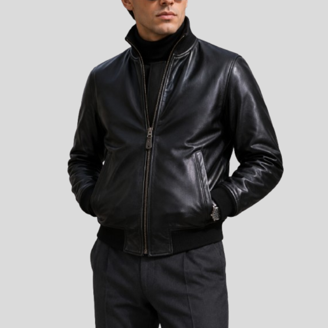 Men's Vintage Sheepskin Military Leather Jacket - Black