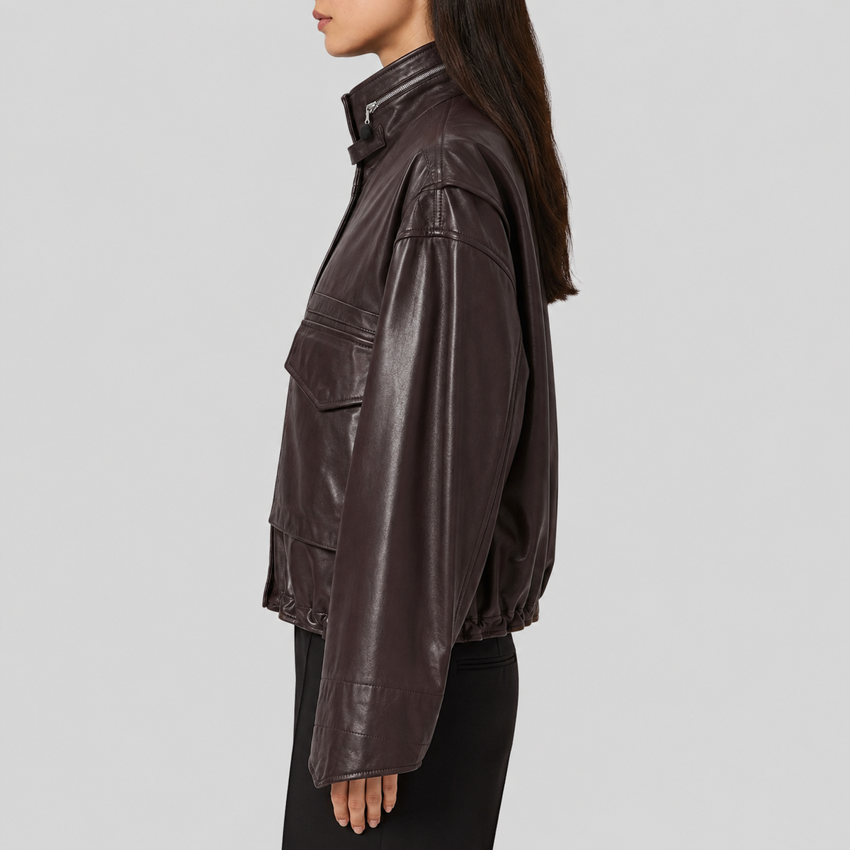 Women's Cropped Oversized Sheepskin Leather Funnel Neck Jacket