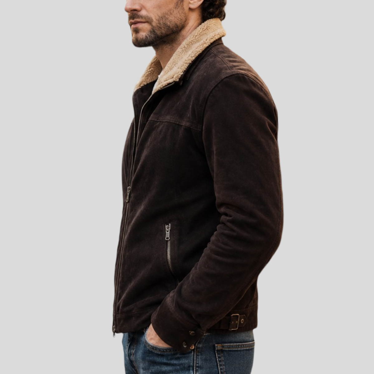 Men's Brown Sheepskin Suede Bomber Jacket with Sherpa Collar
