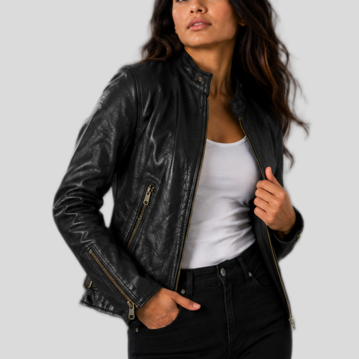 Women's Slim Fit Leather Racer Motorcycle Jacket