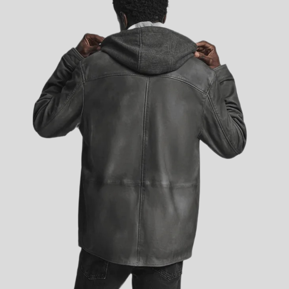 Men's Vintage Leather Shirt Jacket with Removable Hood
