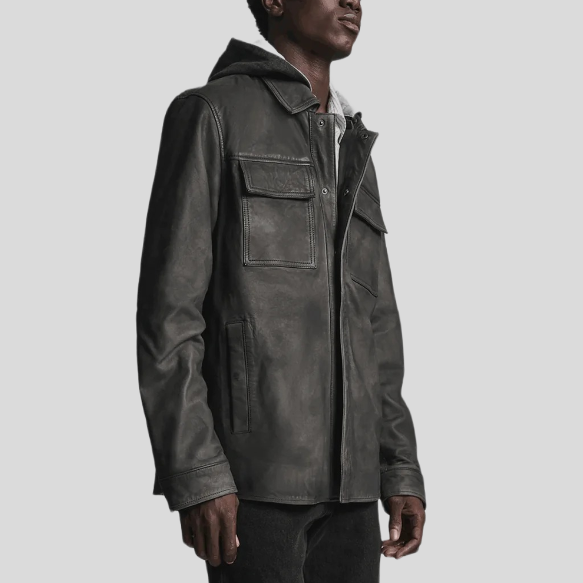 Men's Vintage Leather Shirt Jacket with Removable Hood