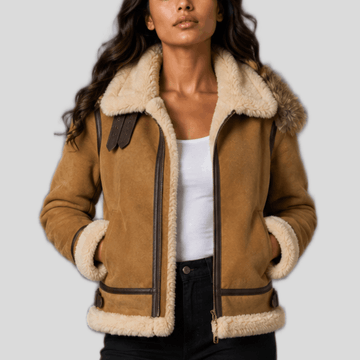 Women's Shearling Leather Bomber Jacket with Fur Hood