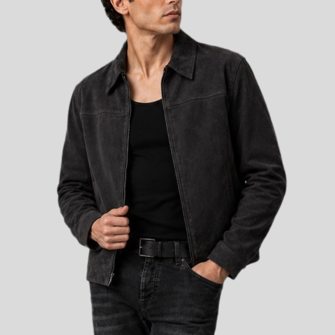 Men's Classic Cowhide Suede Zip Jacket - Black