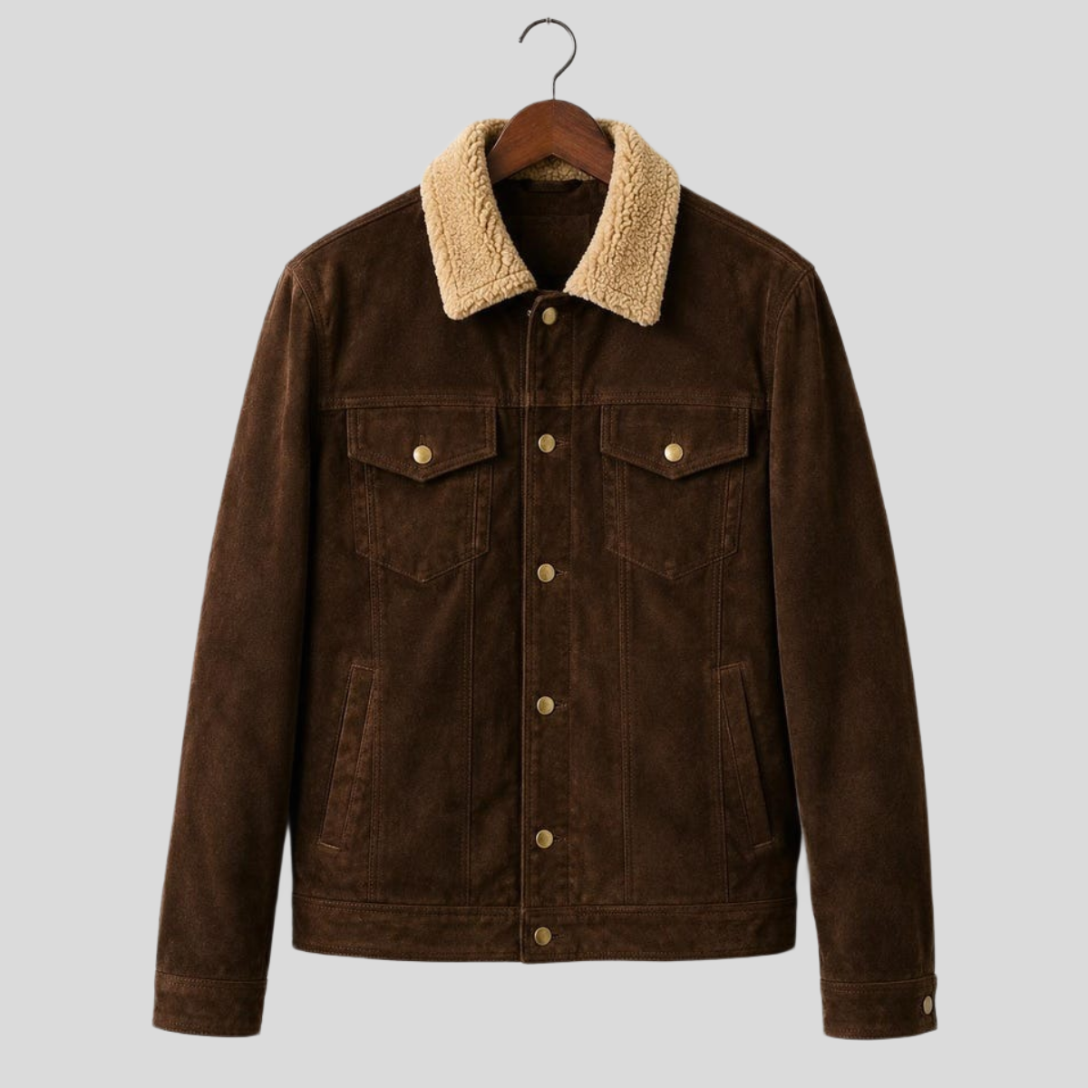 Men's Brown Sheepskin Suede Bomber Jacket with Sherpa Collar