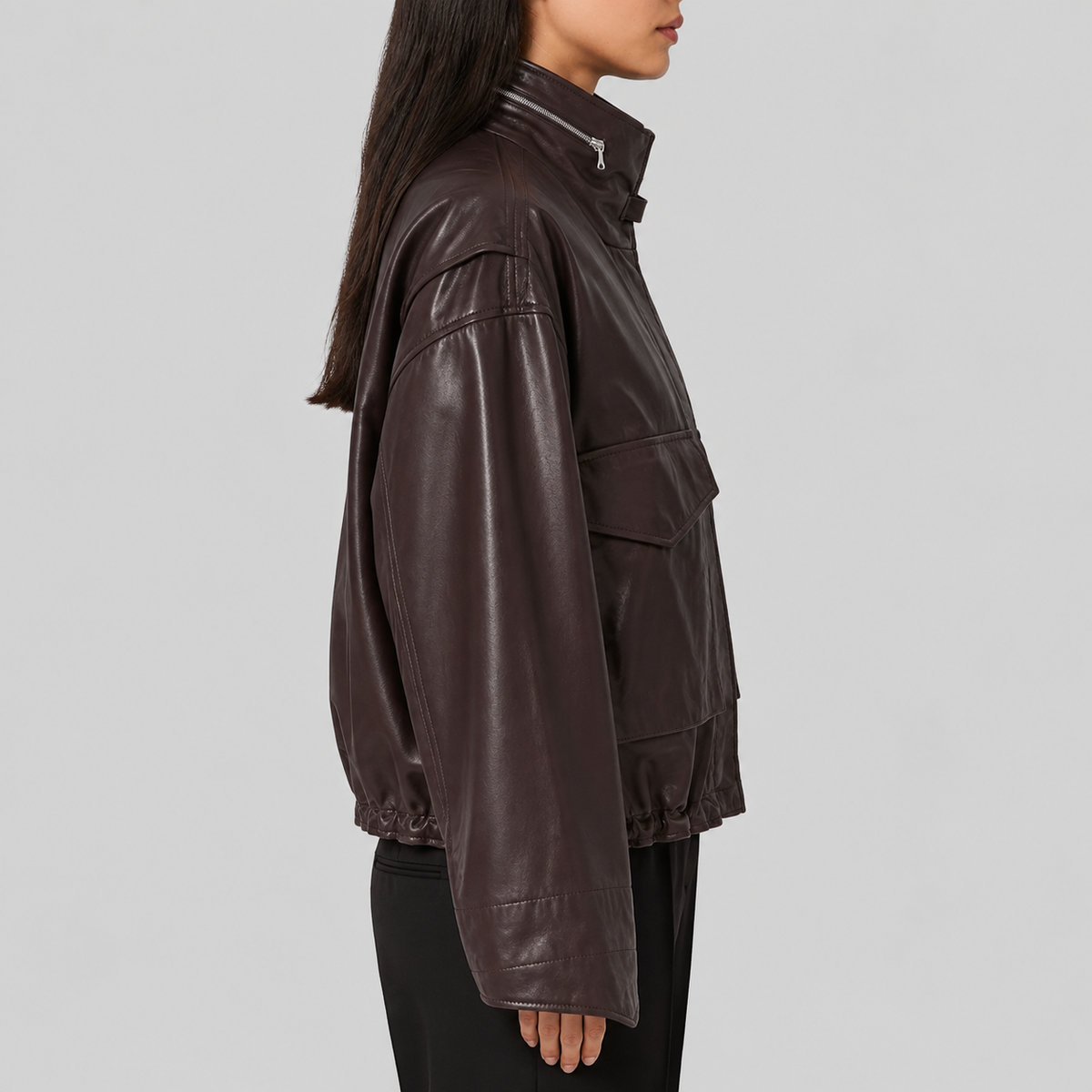 Women's Cropped Oversized Sheepskin Leather Funnel Neck Jacket
