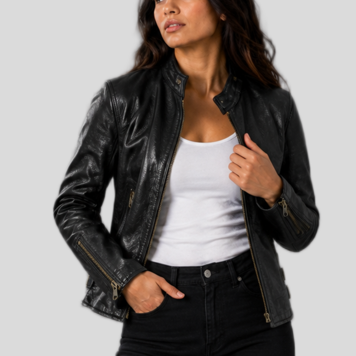 Women's Slim Fit Leather Racer Motorcycle Jacket