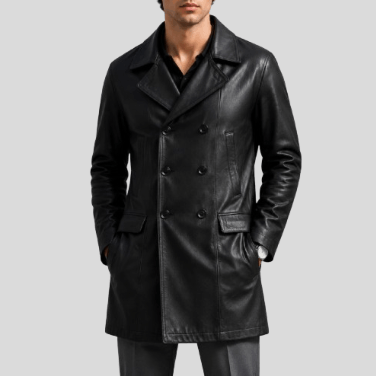 Men's Vintage Distressed Sheepskin Leather Naval Coat
