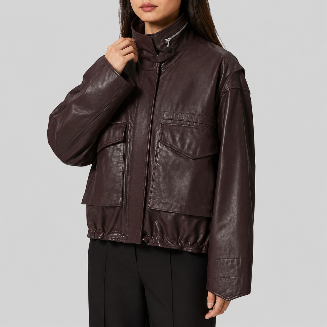 Women's Cropped Oversized Sheepskin Leather Funnel Neck Jacket - Brown