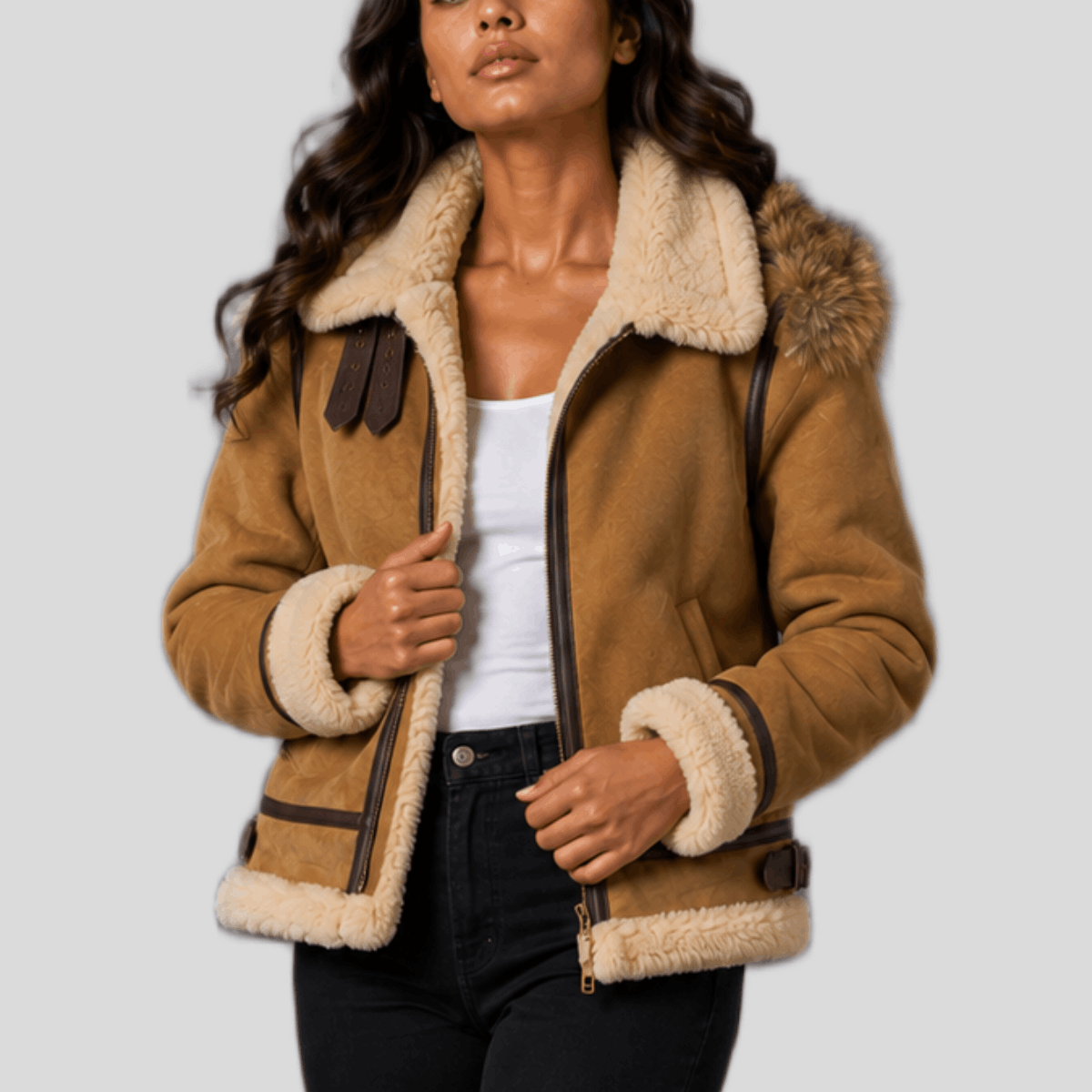 Women's Shearling Leather Bomber Jacket with Fur Hood
