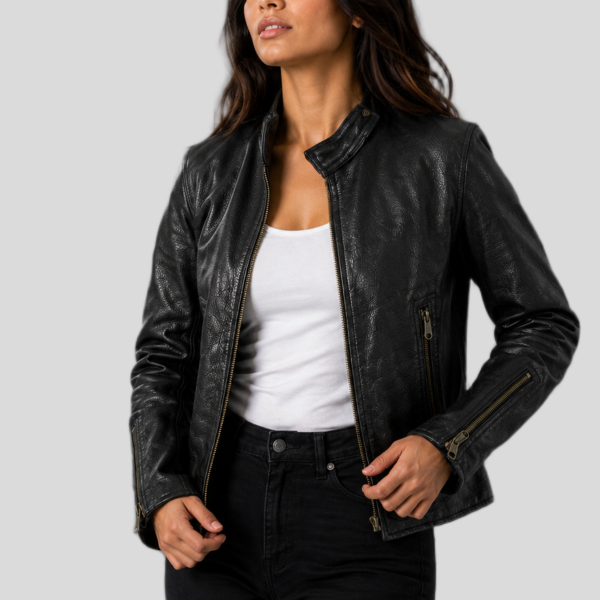 Women's Slim Fit Leather Racer Motorcycle Jacket