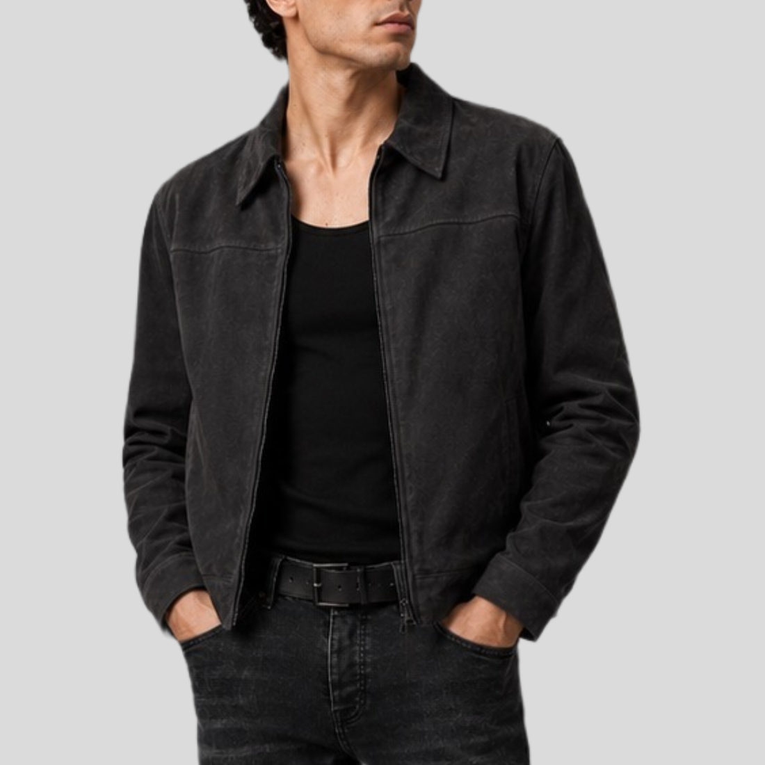Men's Classic Cowhide Suede Zip Jacket - Black