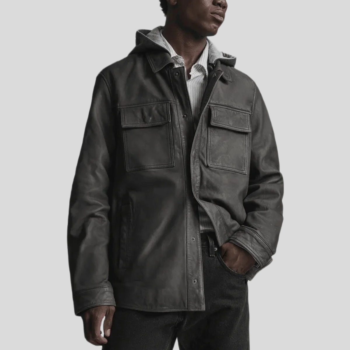 Men's Vintage Leather Shirt Jacket with Removable Hood
