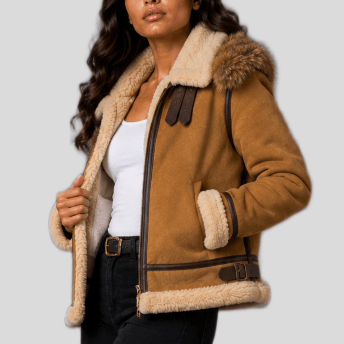 Women's Shearling Leather Bomber Jacket with Fur Hood