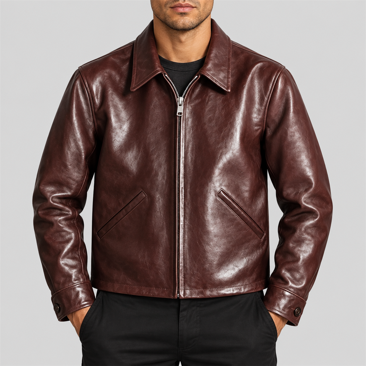 Men's Vintage Burgundy Brown Zip-Front Leather Jacket