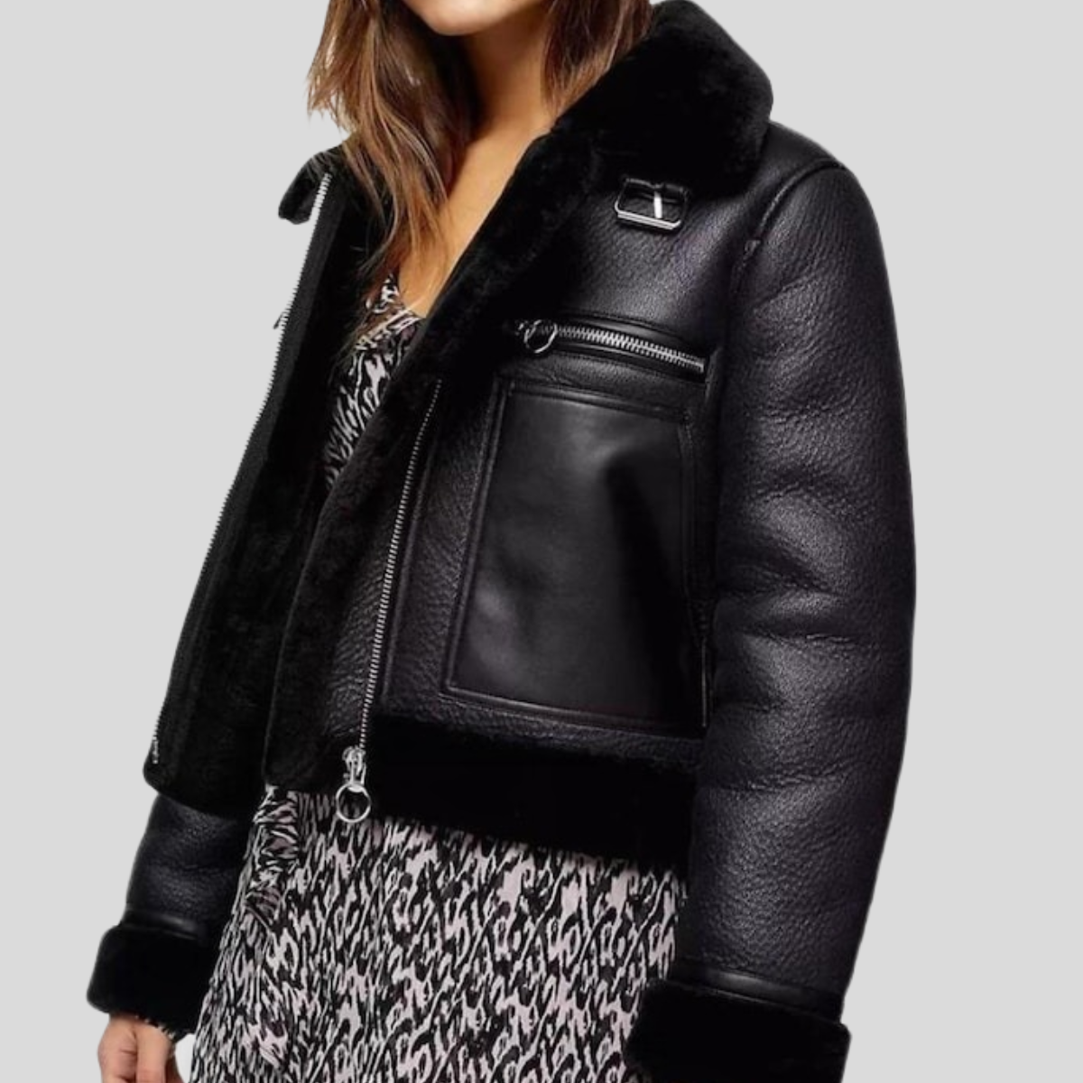 Women's Black B-3 Borg-Lined Faux Leather Pilot Jacket - Black