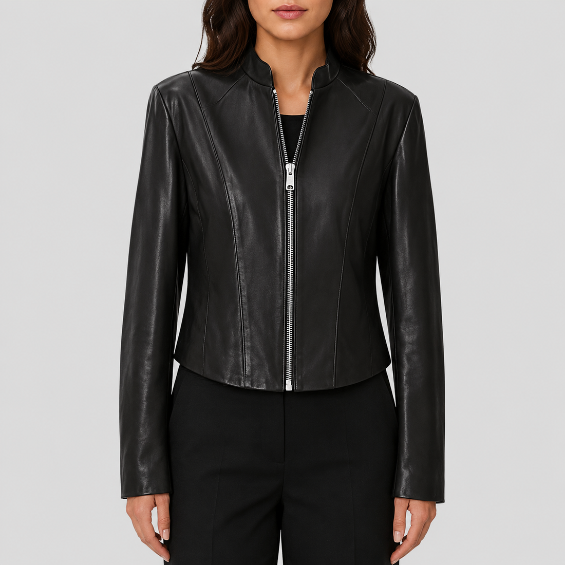 Women's Slim Fit Washed Sheepskin Leather Jacket - Black