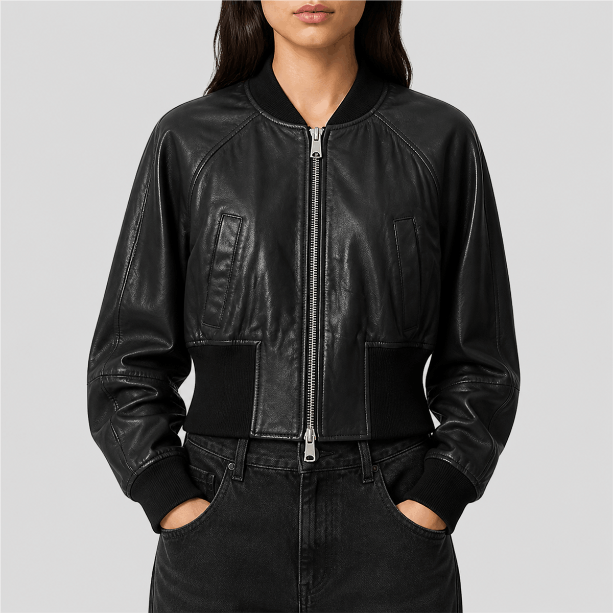 Women’s Cropped Sheepskin Leather Bomber Jacket