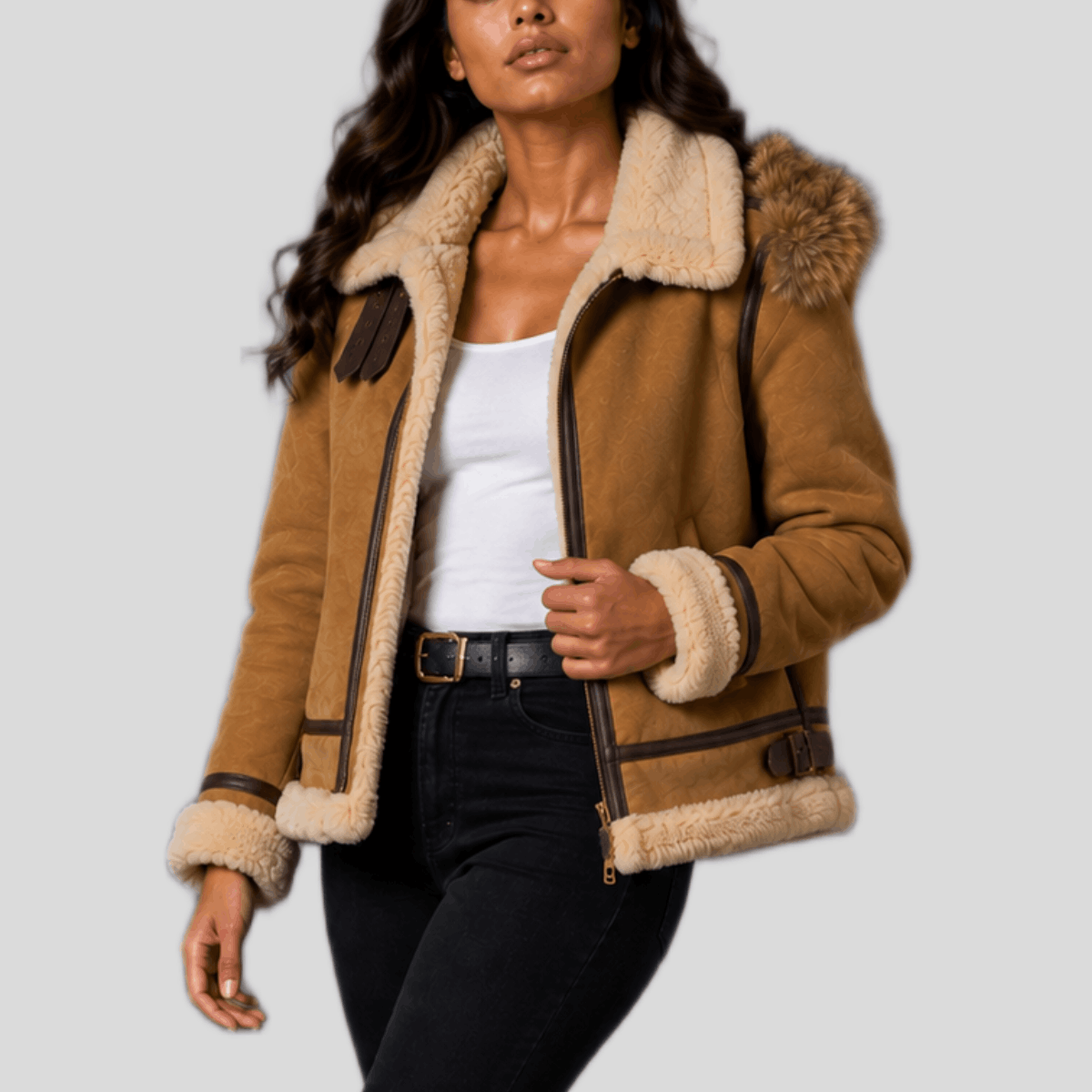 Women's Shearling Leather Bomber Jacket with Fur Hood