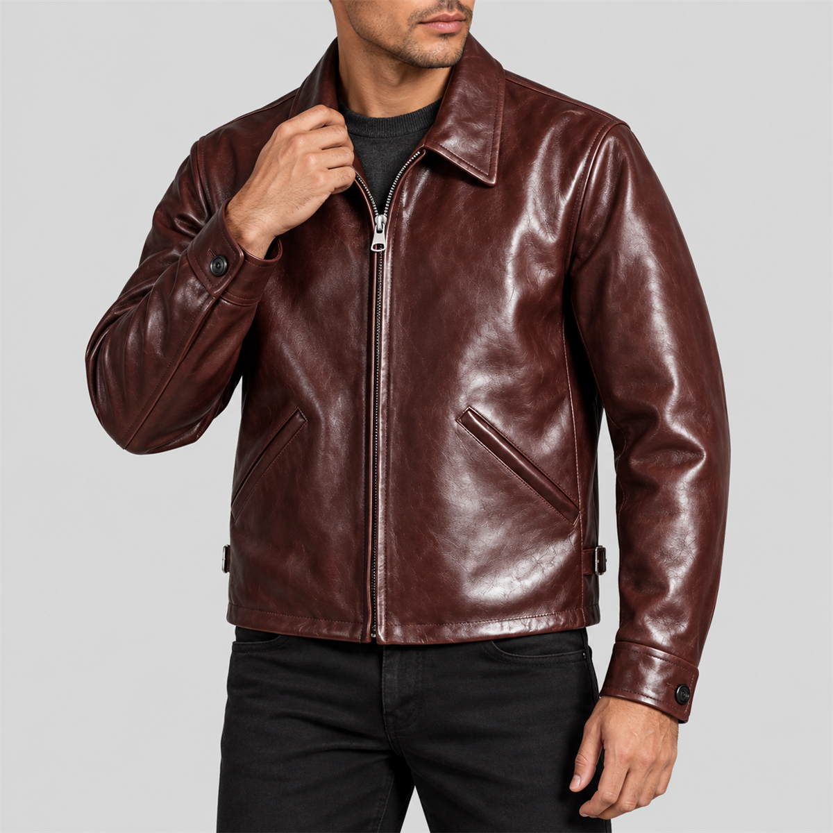 Men's Vintage Burgundy Brown Zip-Front Leather Jacket