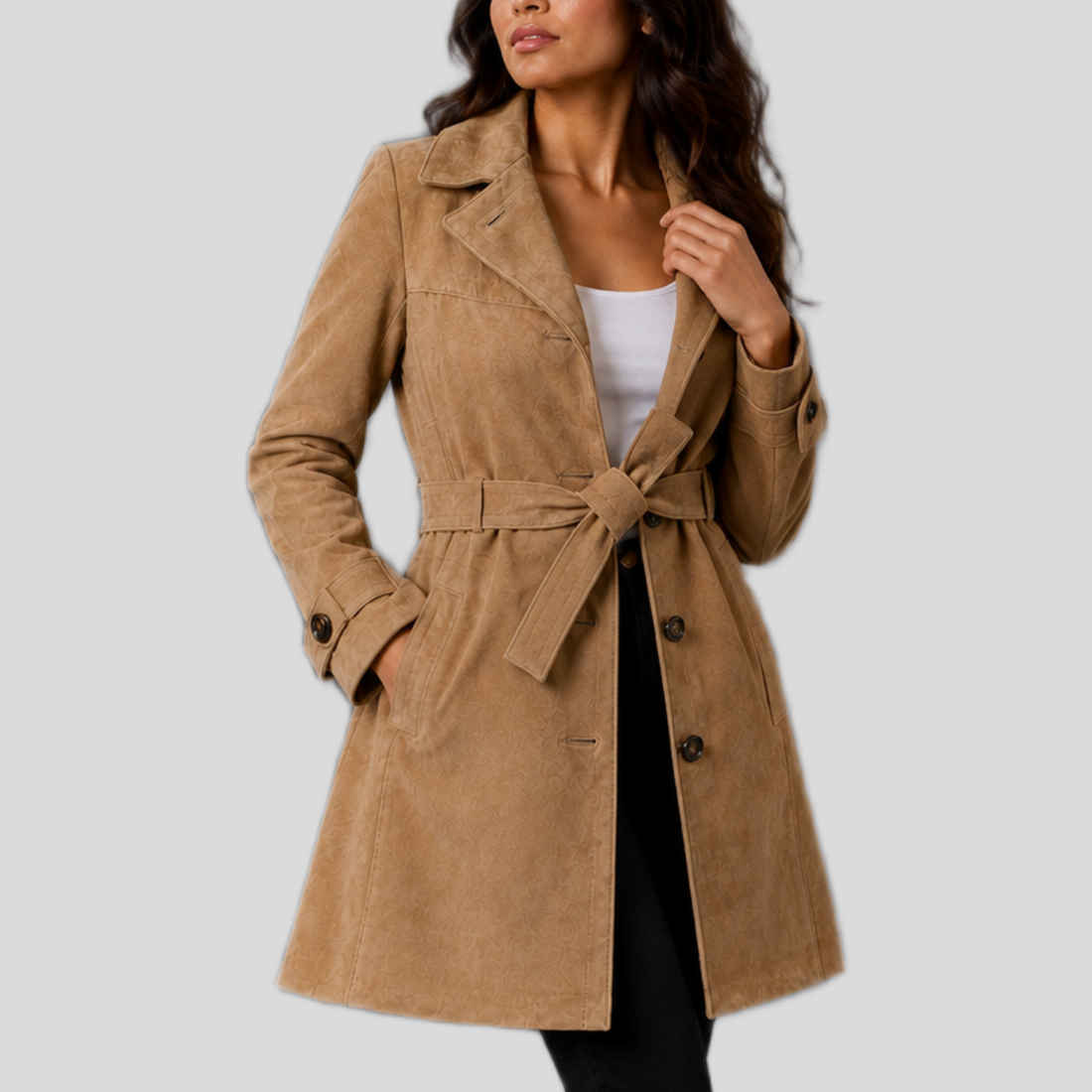 Women's Classic Sheepskin Leather Trench Coat - Brown