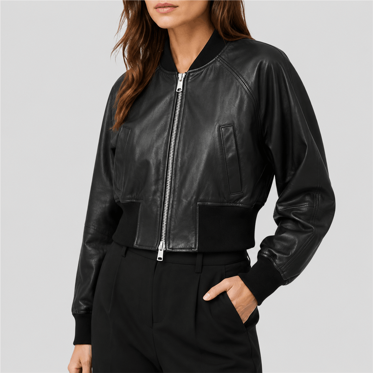 Women’s Cropped Sheepskin Leather Bomber Jacket