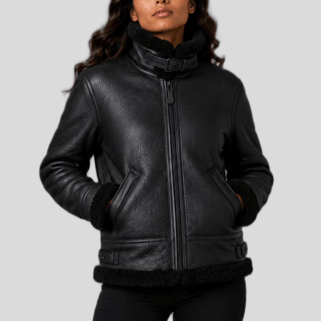 Women's Classic Shearling Leather Bomber Jacket - Black
