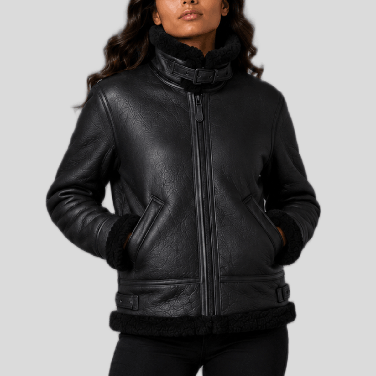 Women's Classic Shearling Leather Bomber Jacket
