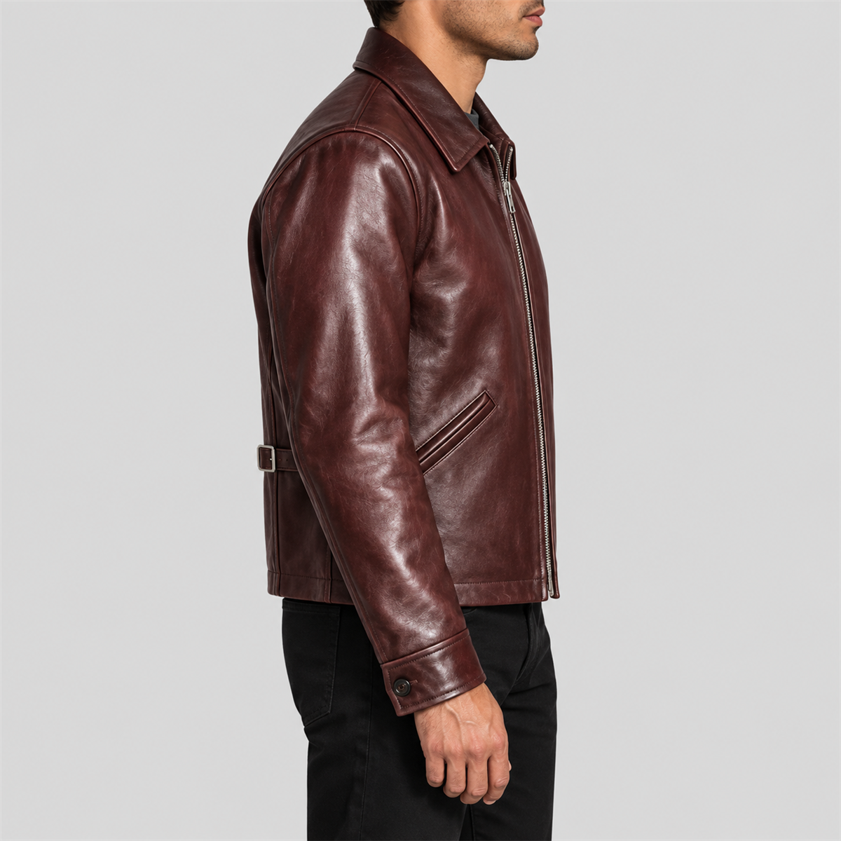 Men's Vintage Burgundy Brown Zip-Front Leather Jacket